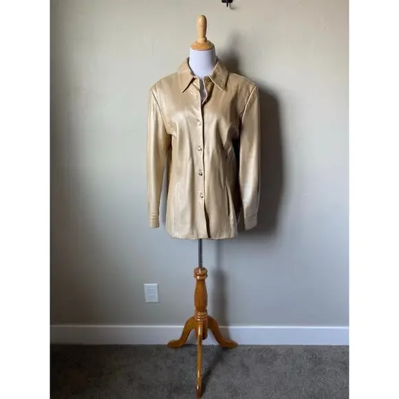 St. John Sport Button Up Gold Metallic 100% Italian Leather Jacket- Size Large
